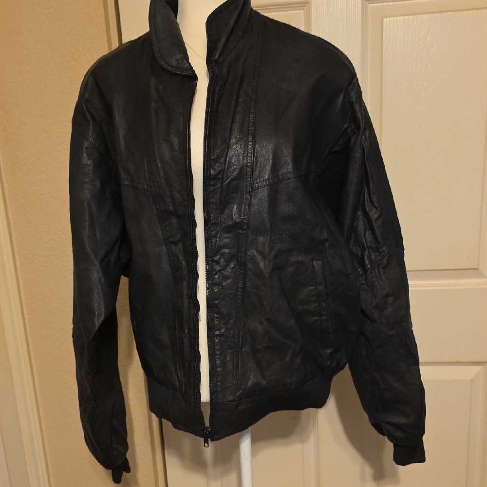 Men's Black Leather Jacket w/ World Map Lining